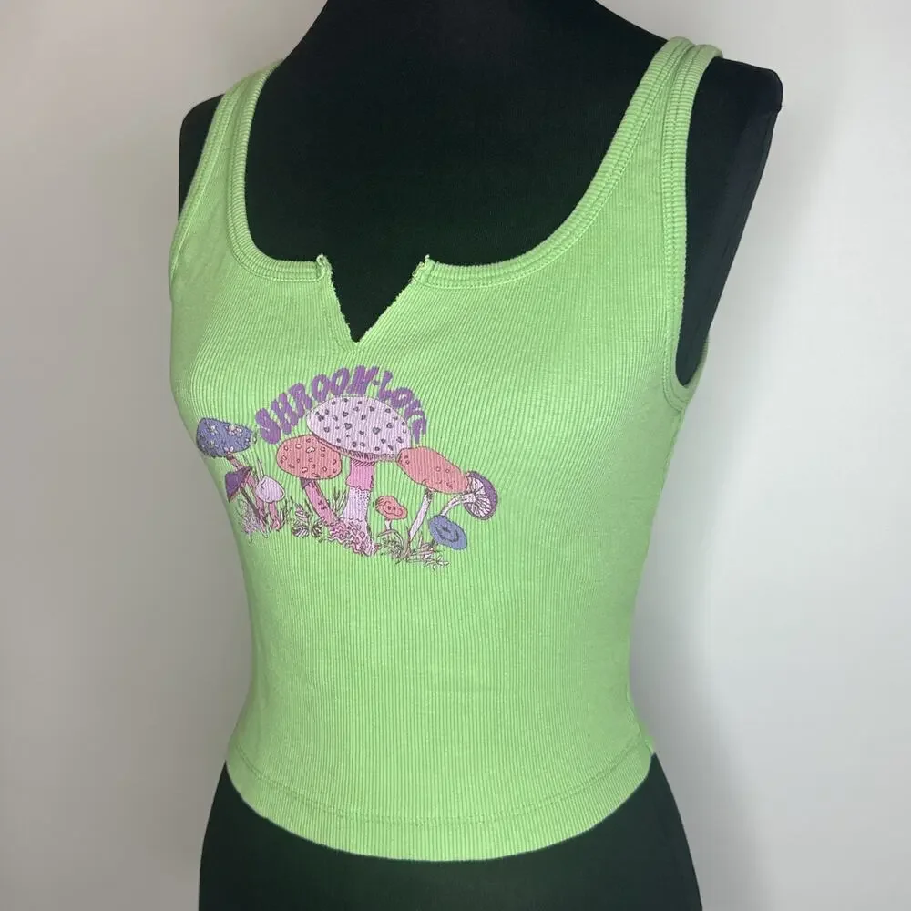 Urban Outfitters Shroom Love Green Cropped Tank Top Graphic Print Womens Medium